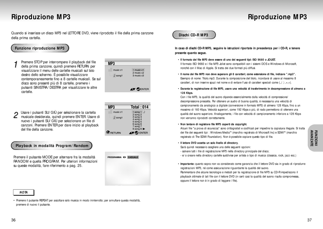 Samsung DVD-S224/XET Riproduzione MP3, Funzione riproduzione MP3, Playback in modalità Program/Random, Dischi CD-RMP3 