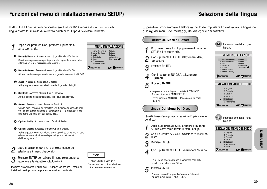 Samsung DVD-S224/XET manual Selezione della lingua, Utilizzo del Menu del Lettore, Lingua Del Menu Del Disco, Setup 