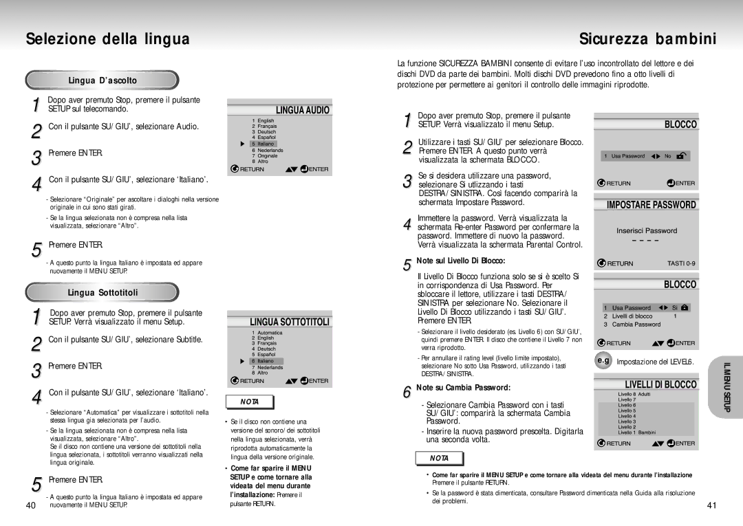 Samsung DVD-S224/XET manual Sicurezza bambini, Lingua D’ascolto, Lingua Sottotitoli, IL Menu Setup 