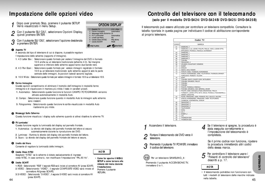 Samsung DVD-S224/XET manual Impostazione delle opzioni video, Controllo del televisore con il telecomando 