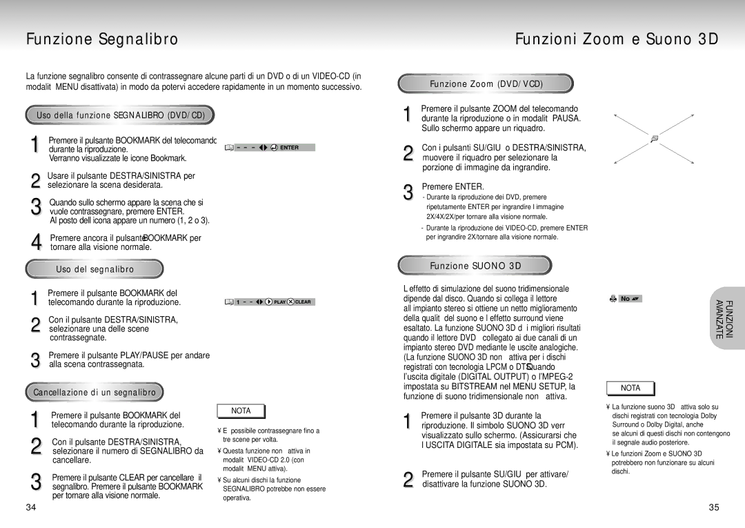 Samsung DVD-S225/XET manual Funzione Segnalibro, Funzioni Zoom e Suono 3D 