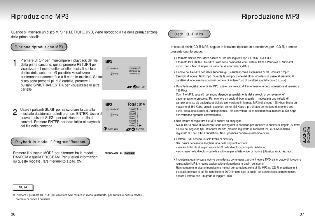 Samsung DVD-S225/XET Riproduzione MP3, Funzione riproduzione MP3, Playback in modalità Program/Random, Dischi CD-RMP3 