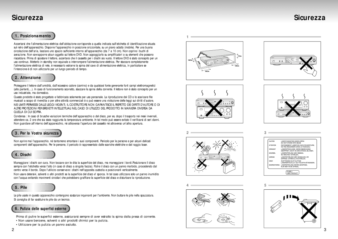 Samsung DVD-S225/XET manual Sicurezza 