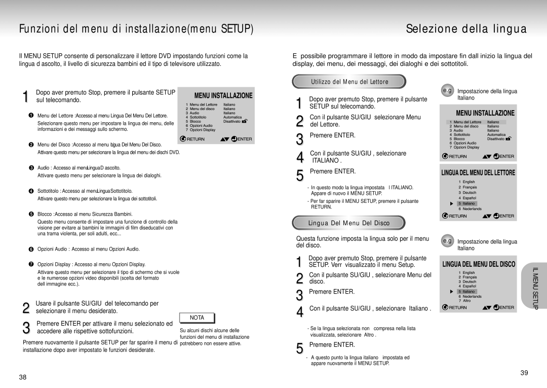 Samsung DVD-S225/XET manual Selezione della lingua, Utilizzo del Menu del Lettore, Lingua Del Menu Del Disco 