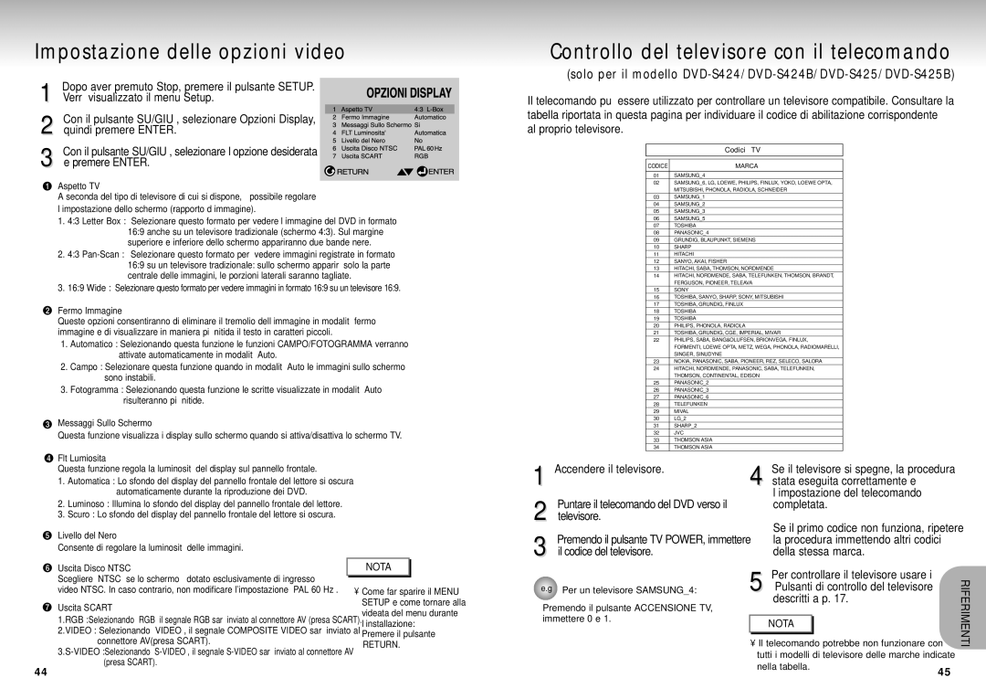 Samsung DVD-S225/XET manual Impostazione delle opzioni video, Controllo del televisore con il telecomando 