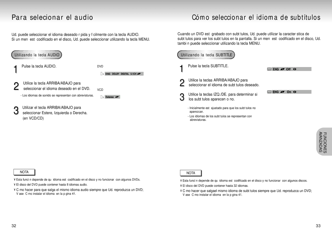 Samsung DVD-S324/XEC manual Para selecionar el audio, Tecla, Pulse la tecla Audio, Utilizando la tecla Subtitle 