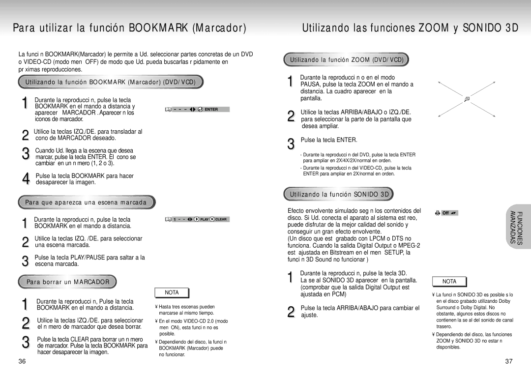 Samsung DVD-S324/XEC manual Para utilizar la función Bookmark Marcador, Utilizando la función Bookmark Marcador DVD/VCD 