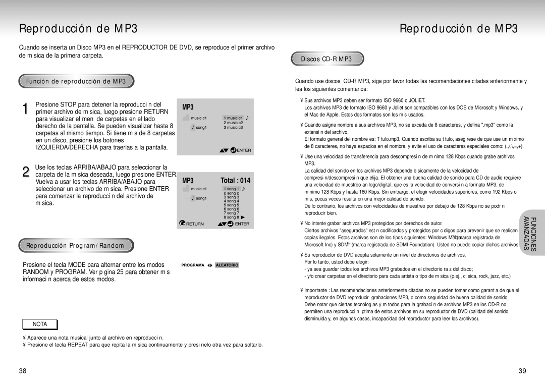 Samsung DVD-S324/XEC Reproducción de MP3, Función de reproducción de MP3, Reproducción Program/Random, Discos CD-RMP3 