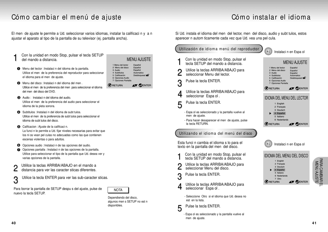 Samsung DVD-S324/XEC Cómo cambiar el menú de ajuste, Cómo instalar el idioma, Utilización de idioma menú del reproductor 