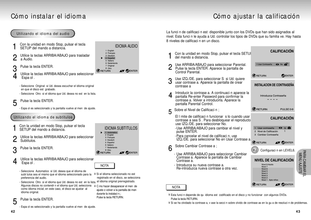 Samsung DVD-S324/XEC Cómo ajustar la calificación, Utilizando el idioma del audio, Setup del mando a distancia, ‘Español’ 