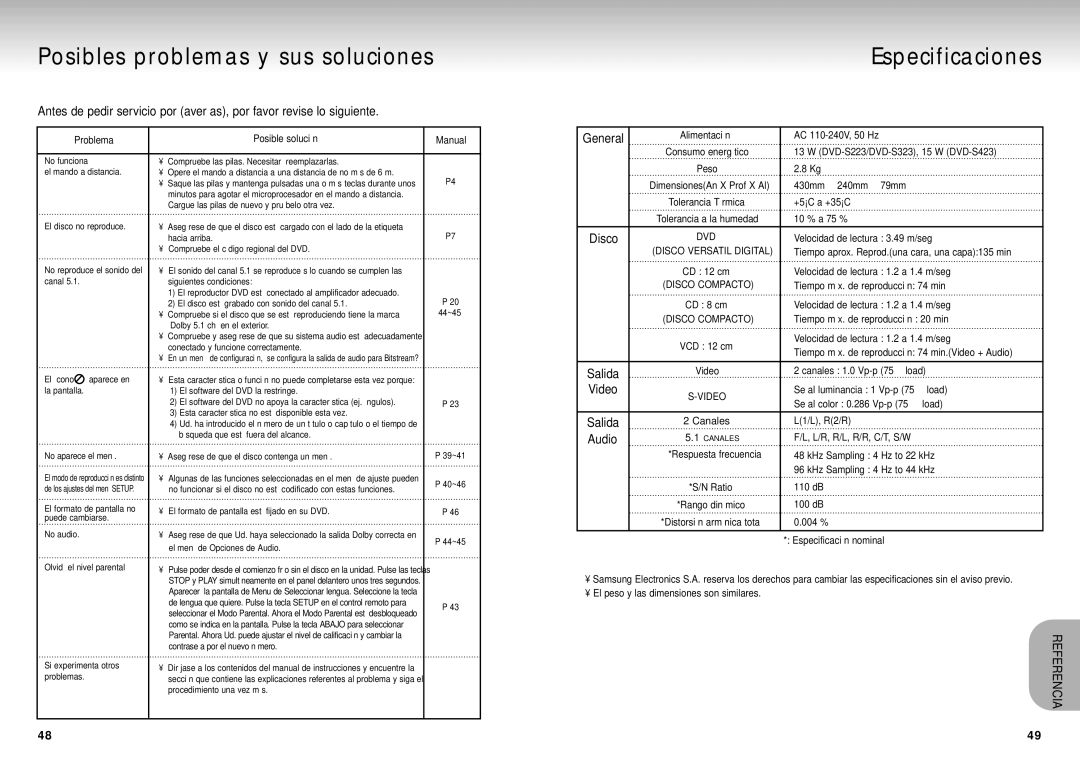 Samsung DVD-S324/XEC manual Posibles problemas y sus soluciones, Especificaciones, General 