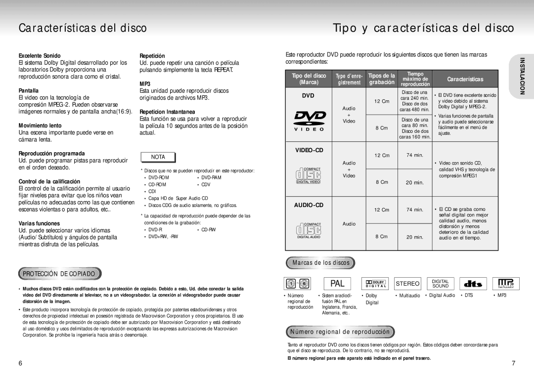 Samsung DVD-S324/XEC manual Características del disco Tipo y características del disco, Excelente Sonido, Varias funciones 