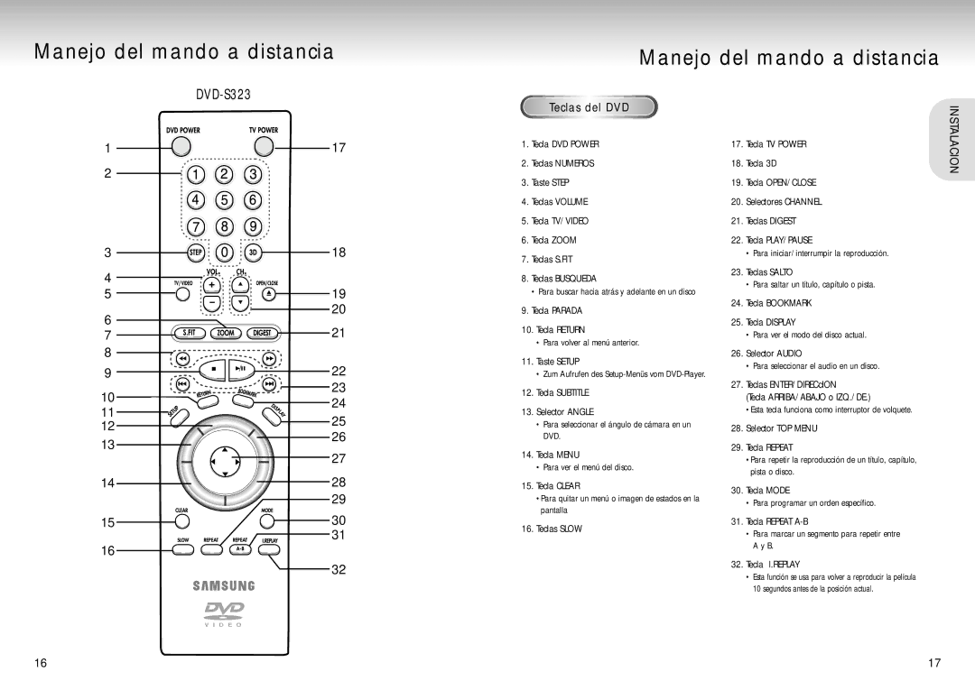 Samsung DVD-S324/XEC manual Tecla Parada Tecla Return, Tecla Subtitle Selector Angle, Tecla Bookmark Tecla Display 