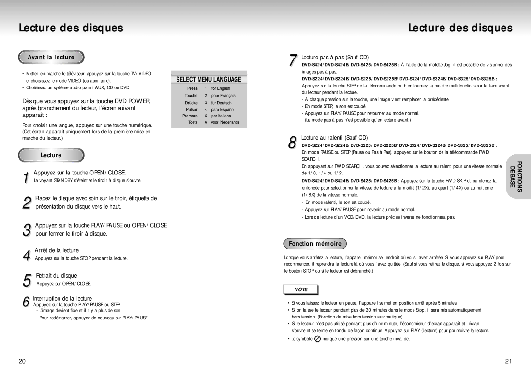 Samsung DVD-S324/XEF manual Lecture des disques, Avant la lecture, Fonction mémoire 