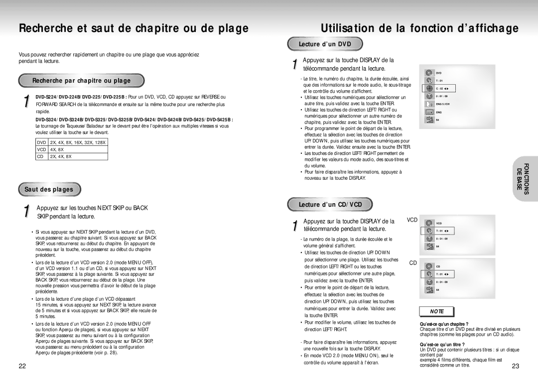 Samsung DVD-S324/XEF manual Lecture d’un DVD, Recherche par chapitre ou plage, Saut des plages, Skip pendant la lecture 