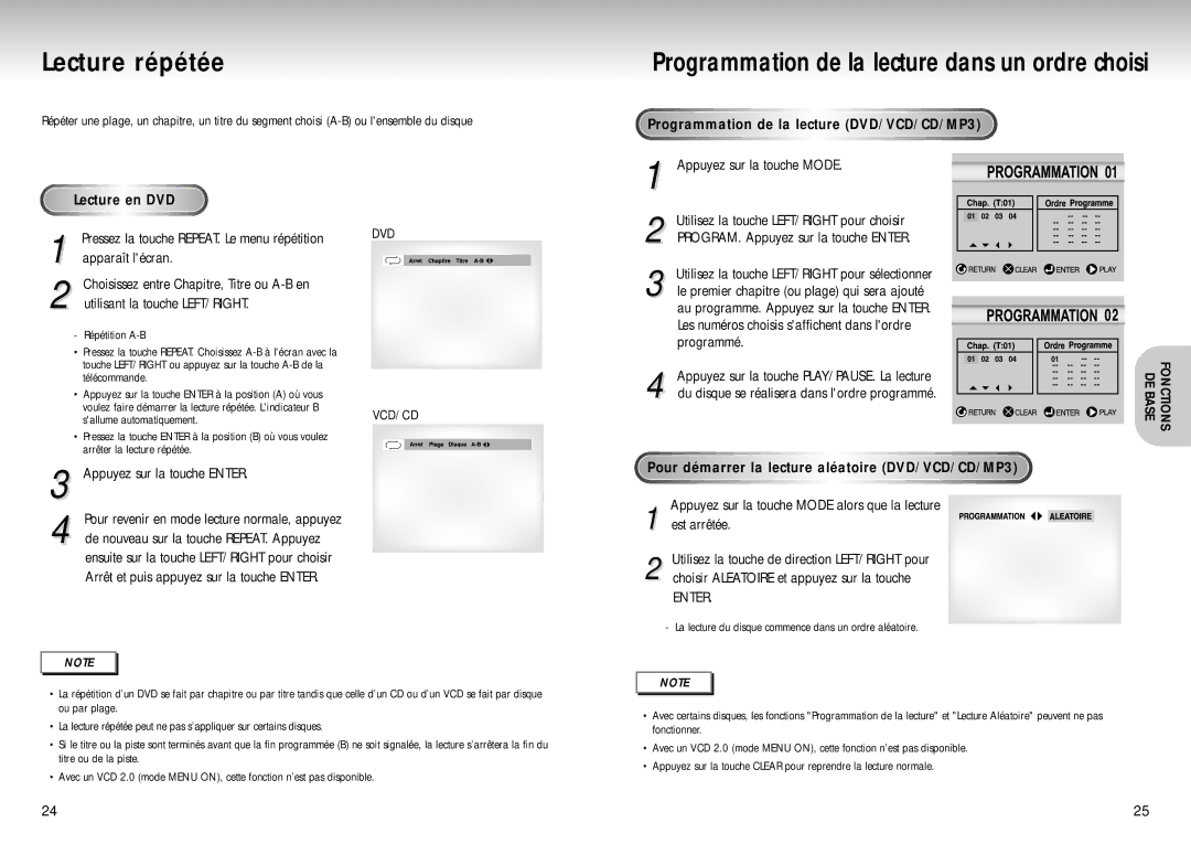 Samsung DVD-S324/XEF manual Lecture répétée, Programmation de la lecture DVD/VCD/CD/MP3 