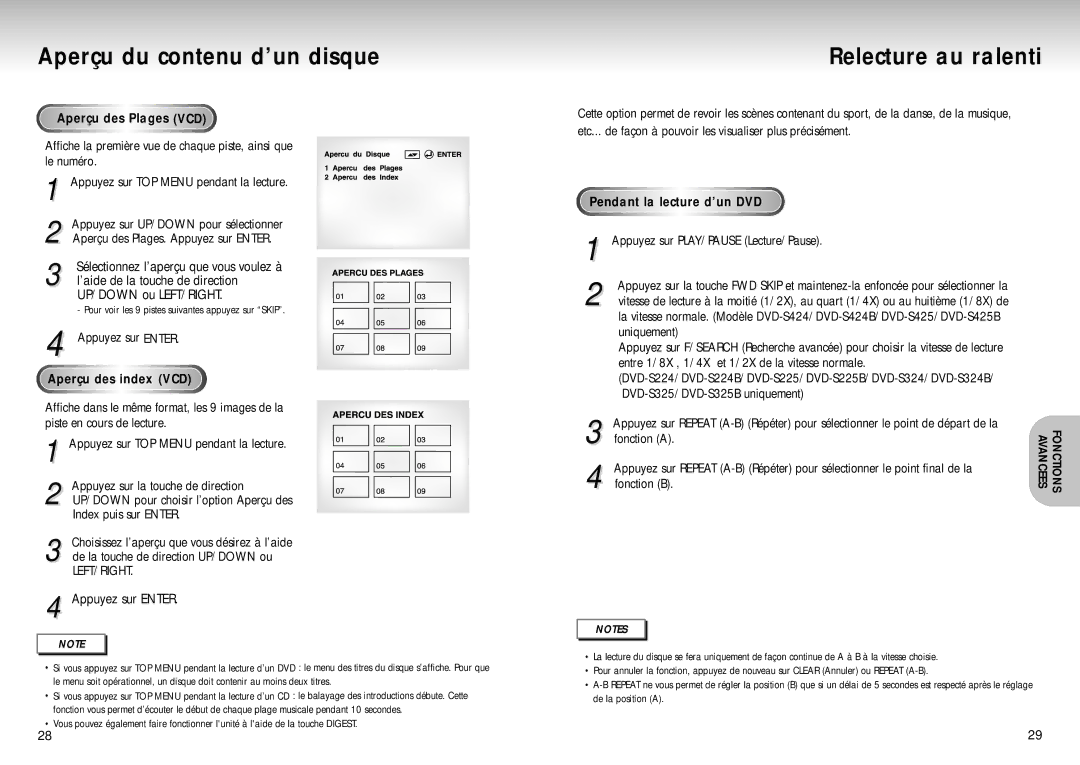 Samsung DVD-S324/XEF Aperçu du contenu d’un disque, Relecture au ralenti, Aperçu des Plages VCD, Aperçu des index VCD 