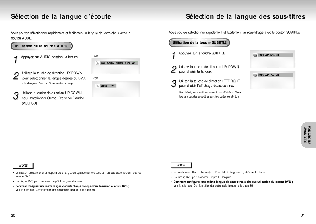 Samsung DVD-S324/XEF manual Sélection de la langue d’écoute, Sélection de la langue des sous-titres 