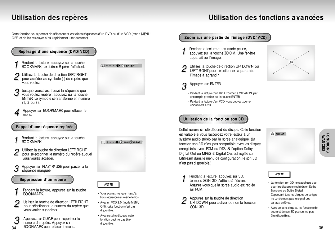 Samsung DVD-S324/XEF manual Utilisation des repères, Utilisation des fonctions avancées, Rappel d’une séquence repérée 