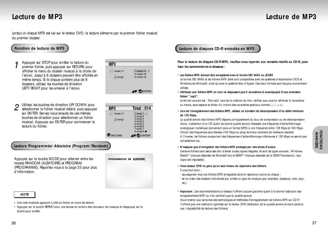 Samsung DVD-S324/XEF manual Lecture de MP3, On ction de lecture de MP3, Lecture Programmée/Aléatoire Program/Random 