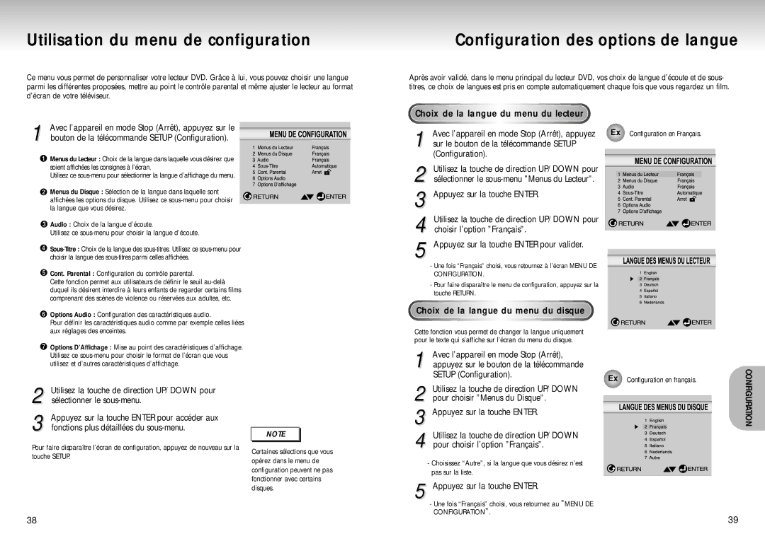 Samsung DVD-S324/XEF manual Utilisation du menu de configuration, Configuration des options de langue 