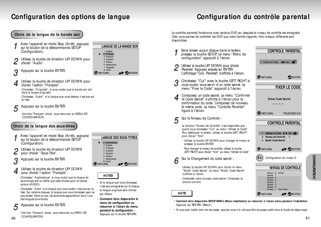 Samsung DVD-S324/XEF manual Configuration du contrôle parental, Choix de la langue de la bande son 