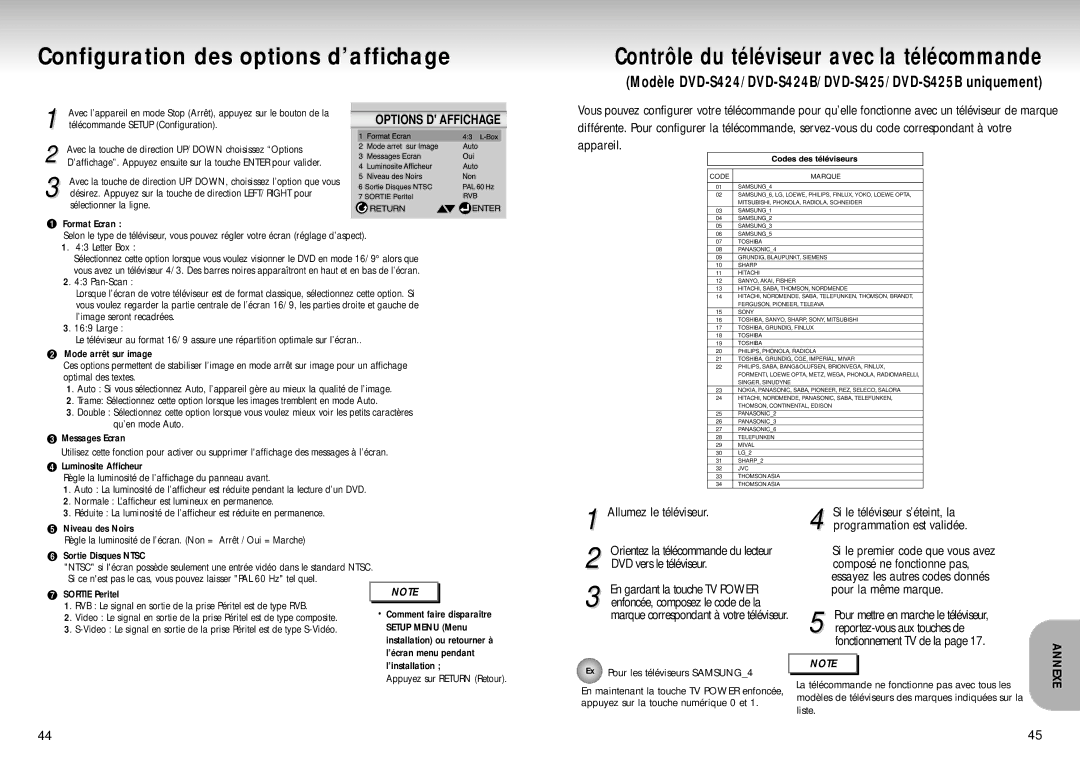 Samsung DVD-S324/XEF manual Configuration des options d’affichage, Pour la même marque, Pour mettre en marche le téléviseur 