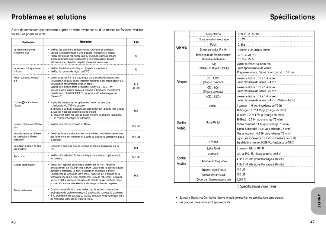 Samsung DVD-S324/XEF manual Problèmes et solutions, Général, Spécifications nominales, Audio 