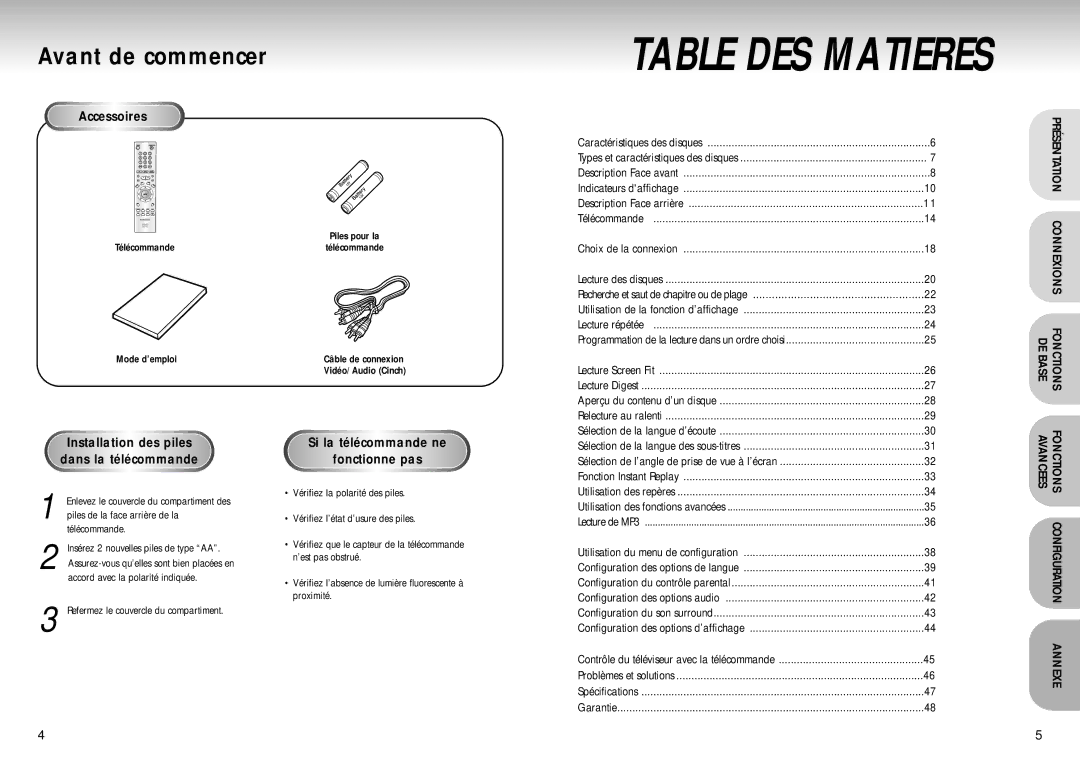 Samsung DVD-S324/XEF manual Avant de commencer, Accessoires, Installation des piles dans la télécommande 