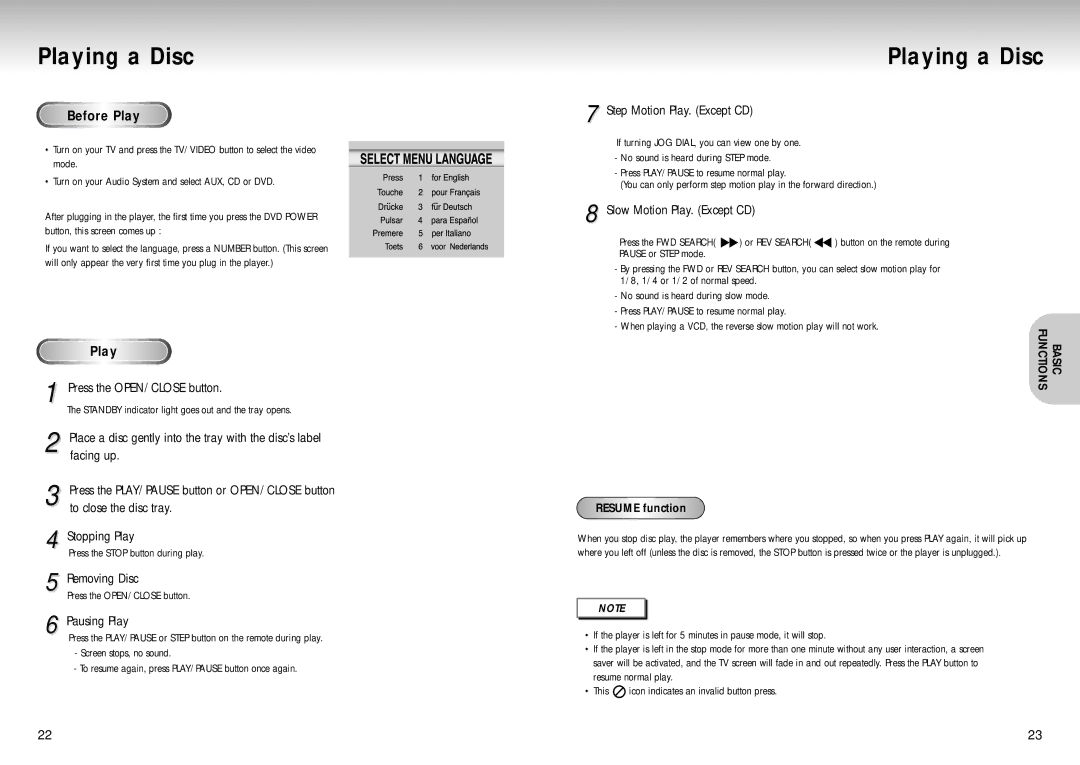 Samsung DVD-S325, DVD-S425, DVD-S225 manual Playing a Disc 