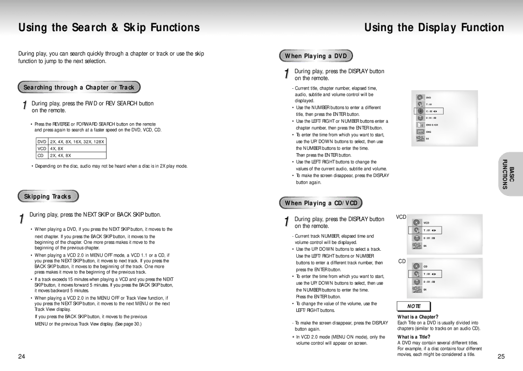 Samsung DVD-S425, DVD-S325 Searching through a Chapter or Track, Skipping Tracks When Playing a DVD, When Playing a CD/VCD 