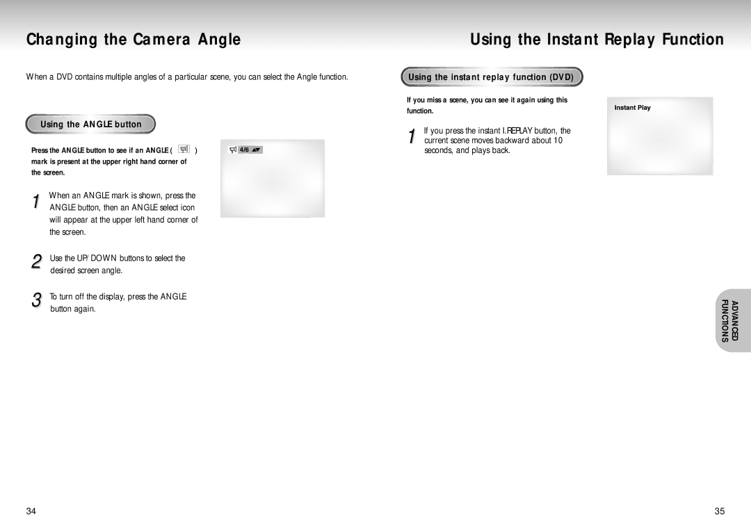 Samsung DVD-S325, DVD-S425 Changing the Camera Angle, Using the Instant Replay Function, Using the Angle button, Screen 