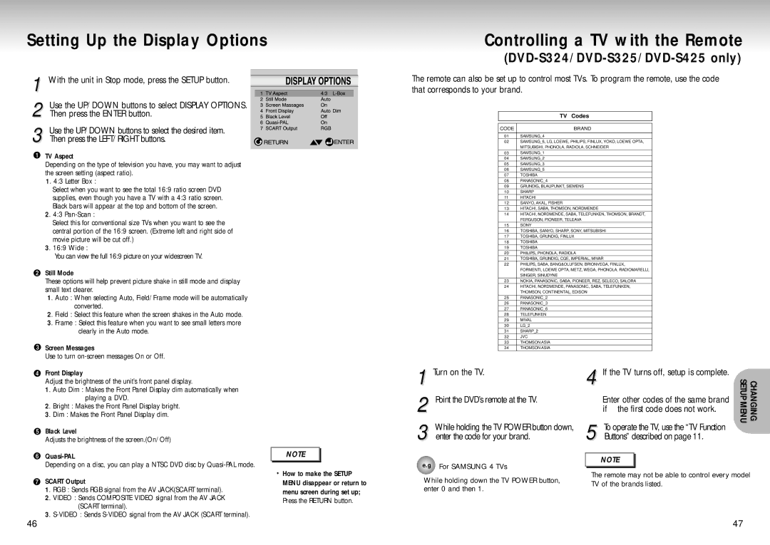 Samsung DVD-S325 Turn on the TV Point the DVD’s remote at the TV, If the first code does not work, Buttons described on 