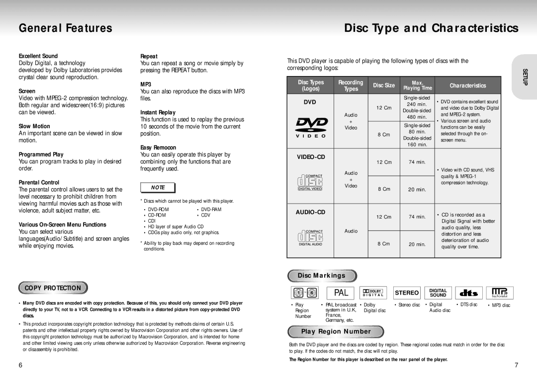 Samsung DVD-S425, DVD-S325, DVD-S225 General Features, Disc Type and Characteristics, Disc Markings, Play Region Number 