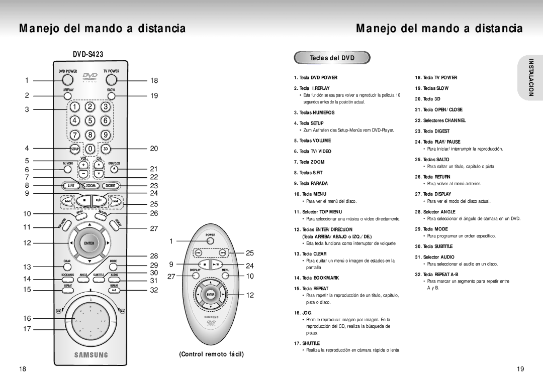 Samsung DVD-S223 manual Control remoto fácil, Tecla DVD Power Tecla I.REPLAY, Teclas Numeros Tecla Setup, Selector TOP Menu 