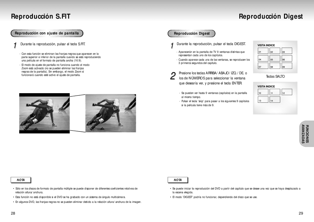 Samsung DVD-S423, DVD-S223, DVD-S323 manual Reproducción S.FIT, Reproducción Digest, Reproducción con ajuste de pantalla 