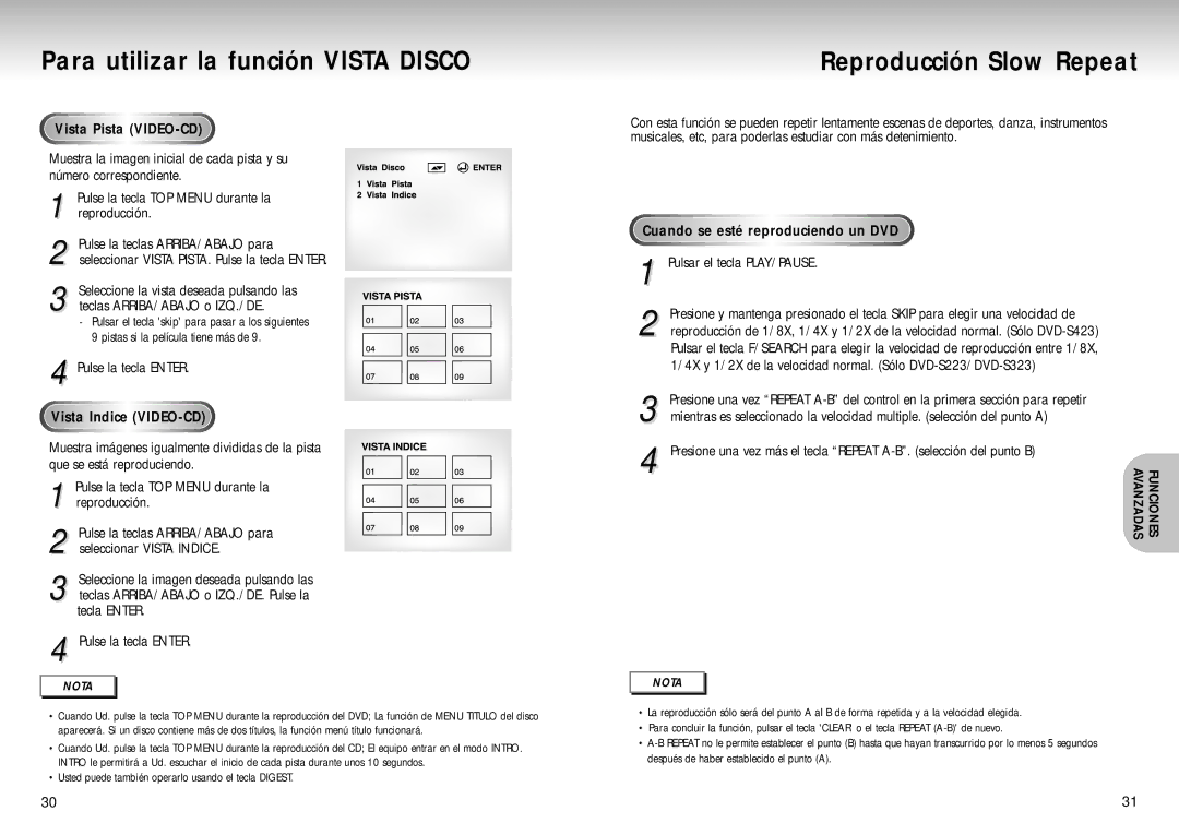 Samsung DVD-S223, DVD-S423, DVD-S323 Para utilizar la función Vista Disco, Reproducción Slow Repeat, Vista Pista VIDEO-CD 