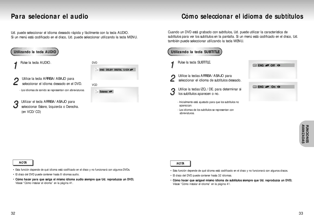 Samsung DVD-S323, DVD-S423, DVD-S223 Para selecionar el audio, Tecla, Pulse la tecla Audio, Utilizando la tecla Subtitle 