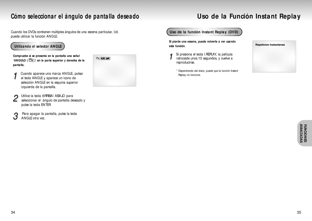 Samsung DVD-S423, DVD-S223, DVD-S323 manual Cómo seleccionar el ángulo de pantalla deseado, Uso de la Función Instant Replay 