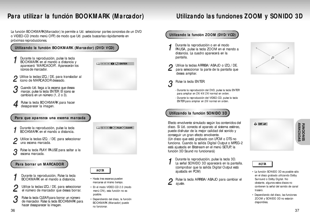 Samsung DVD-S223, DVD-S423 Para utilizar la función Bookmark Marcador, Utilizando la función Bookmark Marcador DVD/VCD 