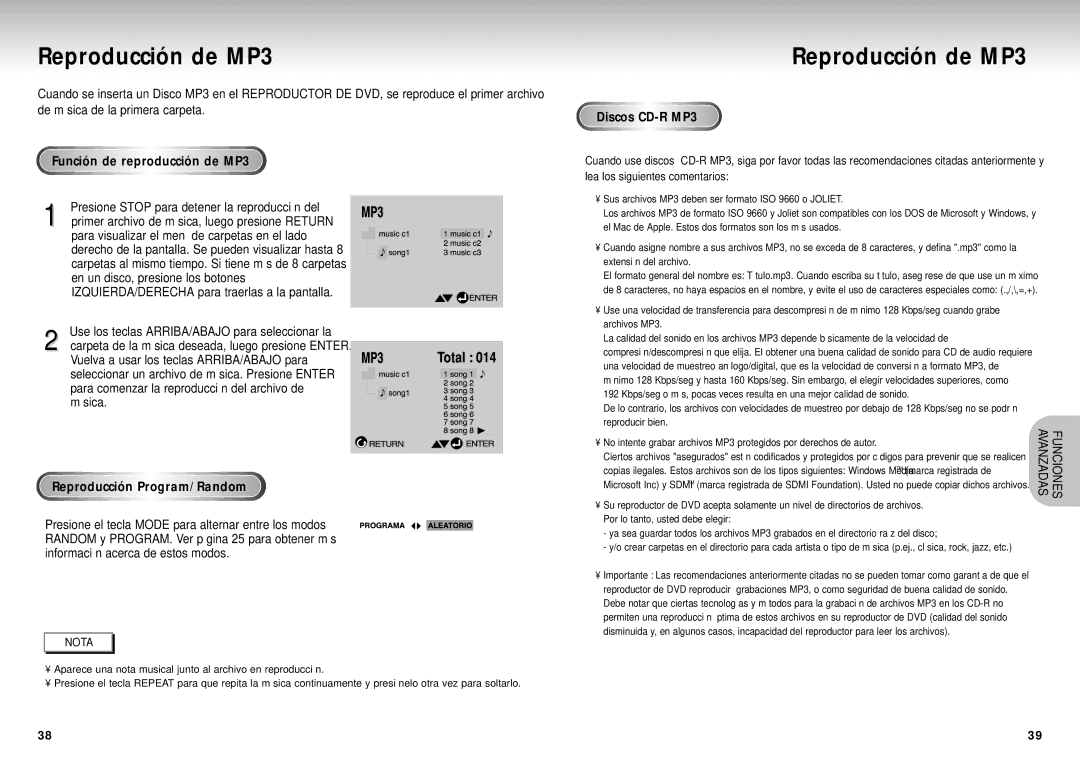 Samsung DVD-S323 manual Reproducción de MP3, Función de reproducción de MP3, Reproducción Program/Random, Discos CD-RMP3 