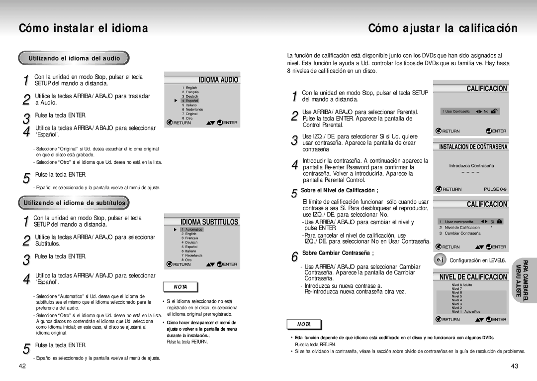 Samsung DVD-S223 Cómo ajustar la calificación, Utilizando el idioma del audio, Setup del mando a distancia, ‘Español’ 