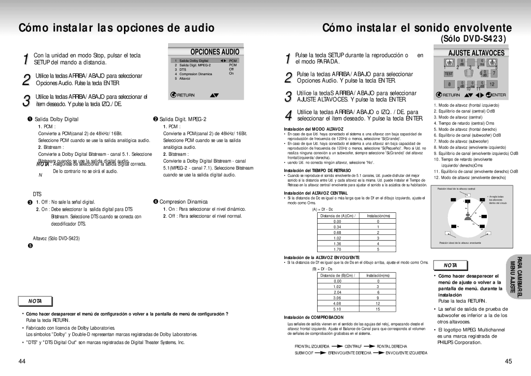 Samsung DVD-S323, DVD-S423 Opciones Audio. Pulse la tecla Enter, Ítem deseado. Y pulse la tecla IZQ./DE, El modo Parada 