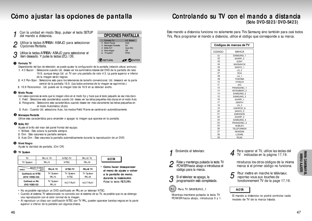 Samsung DVD-S423, DVD-S223, DVD-S323 Cómo ajustar las opciones de pantalla, Encienda el televisor, Código para la marca 