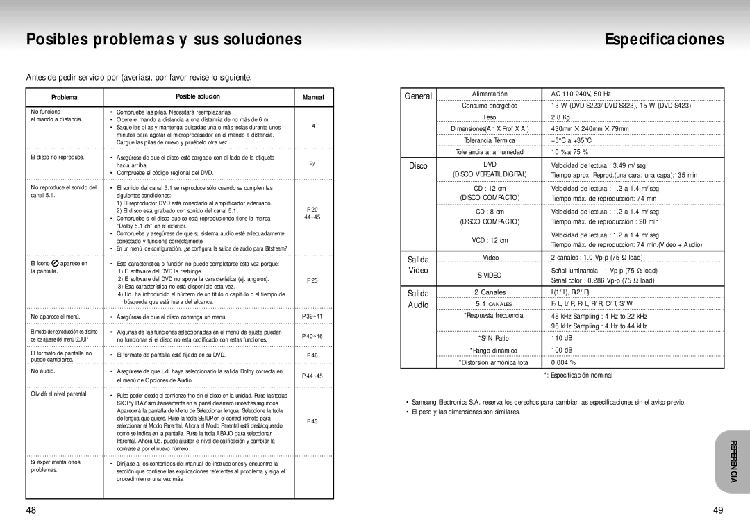 Samsung DVD-S223, DVD-S423, DVD-S323 manual Posibles problemas y sus soluciones, Especificaciones, General 