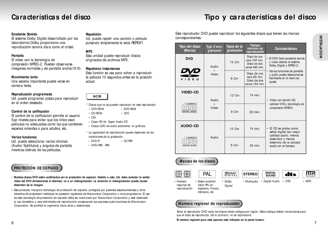 Samsung DVD-S223, DVD-S423 Características del disco Tipo y características del disco, Excelente Sonido, Varias funciones 