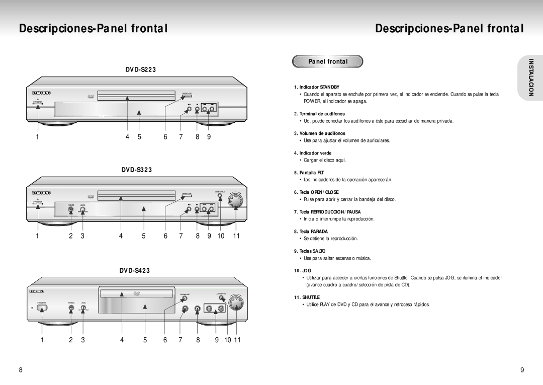 Samsung manual Descripciones-Panel frontal, DVD-S223 DVD-S323 DVD-S423 