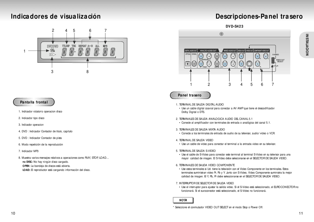 Samsung DVD-S423 manual Indicadores de visualización, Descripciones-Panel trasero, Pantalla frontal, Dolby Digital o DTS 