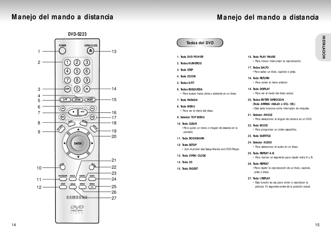 Samsung DVD-S323, DVD-S423, DVD-S223 manual Manejo del mando a distancia, Teclas del DVD 