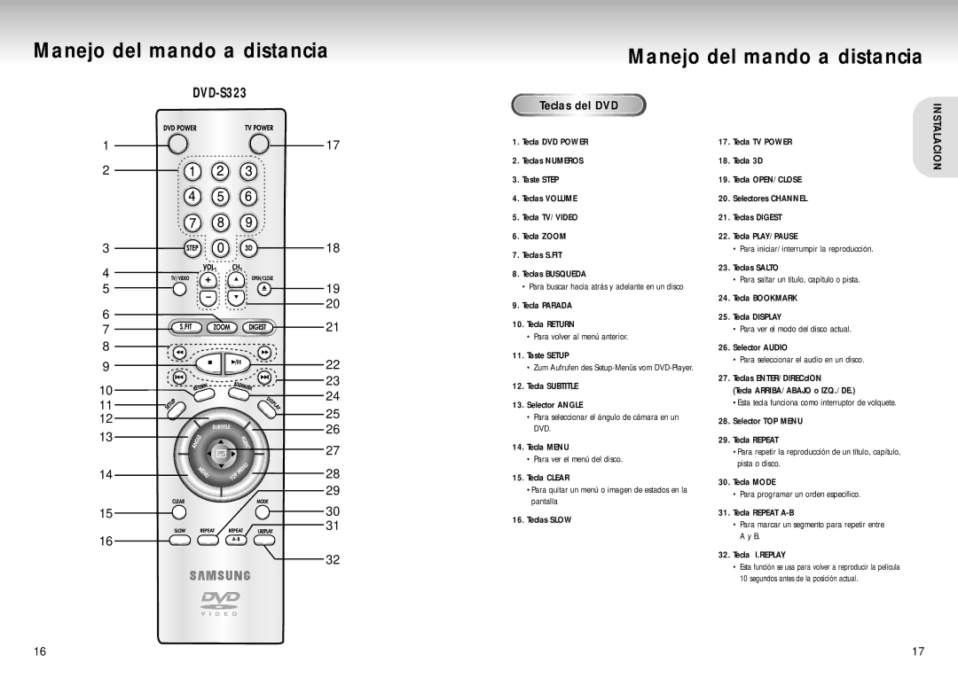 Samsung DVD-S423, DVD-S223, DVD-S323 Tecla Parada Tecla Return, Tecla Subtitle Selector Angle, Tecla Bookmark Tecla Display 